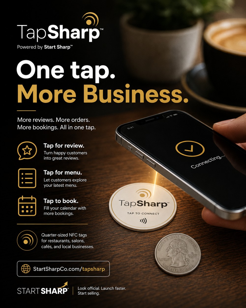 TapSharp by Start Sharp — quarter-sized NFC tags. Tap for reviews, menu, or bookings. Plans from $19/mo.